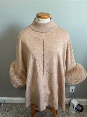 Sal’s Fifth Avenue - Faux-Fur Cuff Cream Turtleneck Sweater Poncho - XL